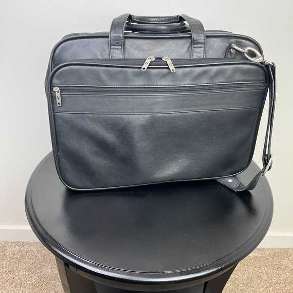 Samsonite Black Leather Laptop Portfolio Messenger Expanadble Bag - Picture 1 of 10